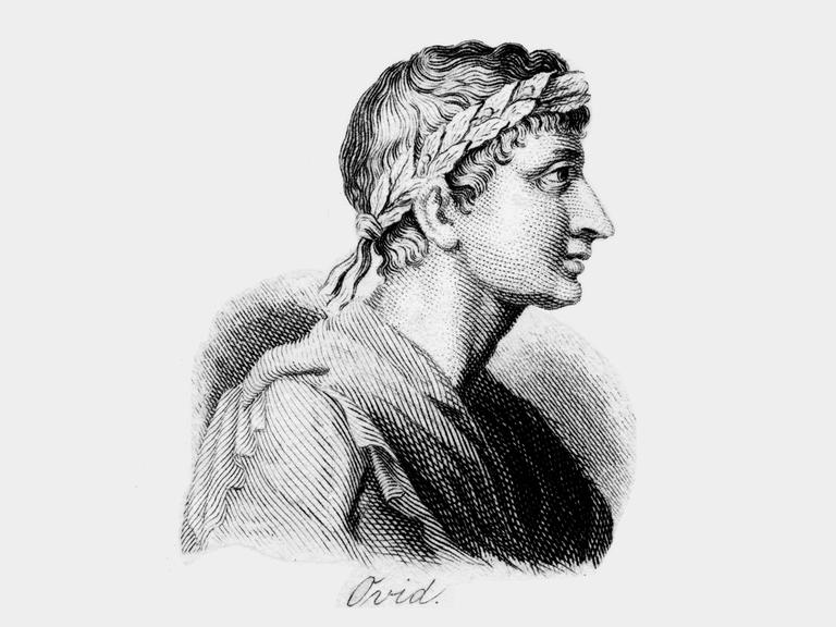 Eine schwarz-weiß Radierung zeigt den antiken Lyriker Ovid.