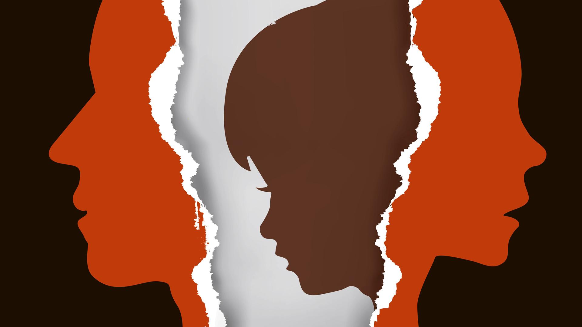 Zerrissenes Papier mit den Silhouetten von einem Mann und einer Frau, dazwischen die Silhouetten eines Kindes. Zerrissenes Papier mit den Silhouetten von einem Mann und einer Frau, dazwischen die Silhouetten eines Kindes.