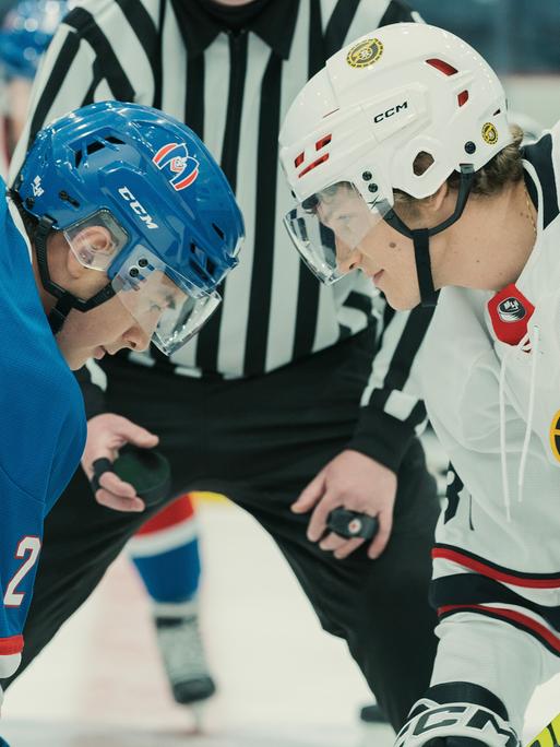 This image released by Crave shows Hudson Williams, left, and Connor Storrie in a scene from "Heated Rivalry." (Crave via AP)