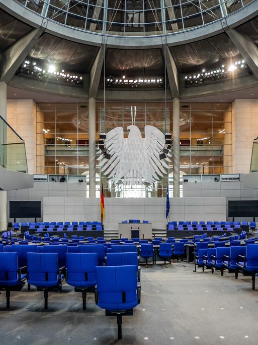 Blick in den leeren Plenarsaal im deutschen Bundestag. Vorne hängt der Bundesadler. 