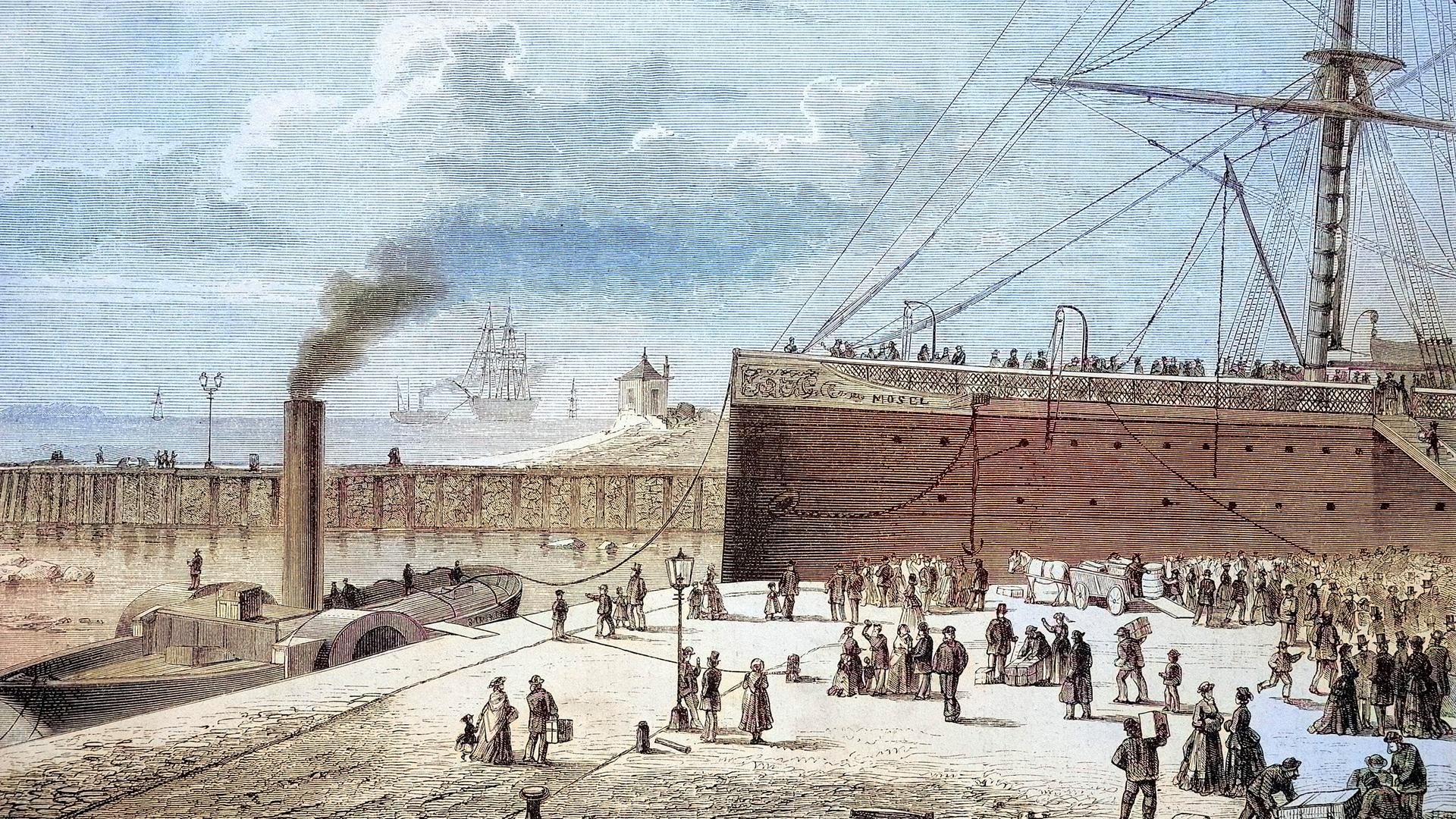 Zeichnung der Schiffe Mosel und Simson kurz vor dem Bombenanschlag auf das Auswandererschiff am 11. Dezember 1875 in Bremerhaven im Hafen Zeichnung der Schiffe Mosel und Simson kurz vor dem Bombenanschlag auf das Auswandererschiff am 11. Dezember 1875 in Bremerhaven im Hafen