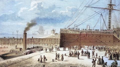 Zeichnung der Schiffe Mosel und Simson kurz vor dem Bombenanschlag auf das Auswandererschiff am 11. Dezember 1875 in Bremerhaven im Hafen