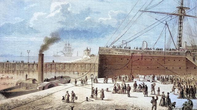 Zeichnung der Schiffe Mosel und Simson kurz vor dem Bombenanschlag auf das Auswandererschiff am 11. Dezember 1875 in Bremerhaven im Hafen Zeichnung der Schiffe Mosel und Simson kurz vor dem Bombenanschlag auf das Auswandererschiff am 11. Dezember 1875 in Bremerhaven im Hafen