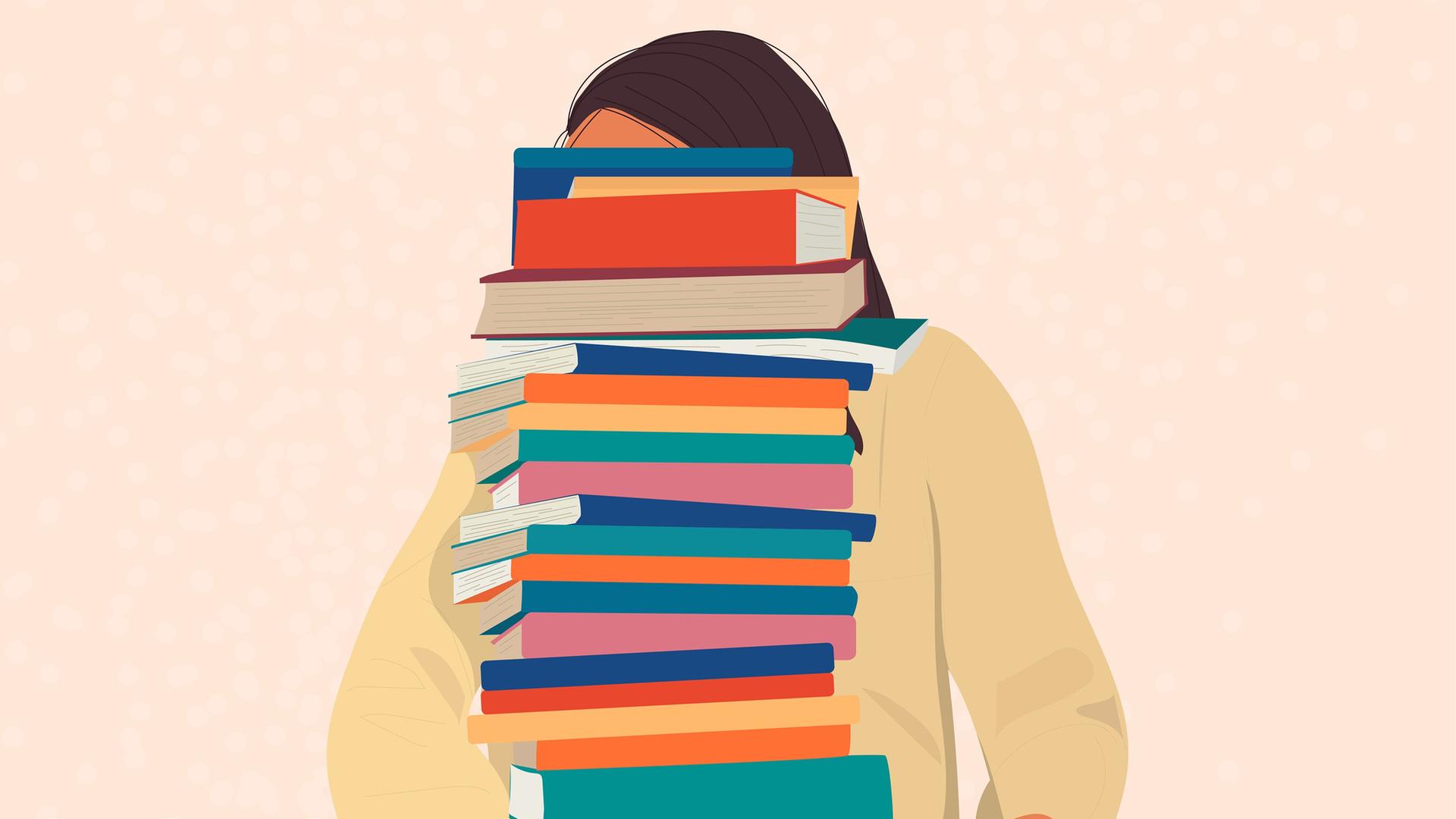 Illustration: Eine Frau hält einen großen Stapel Bücher.