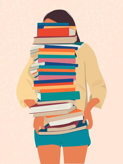 Illustration: Eine Frau hält einen großen Stapel Bücher.