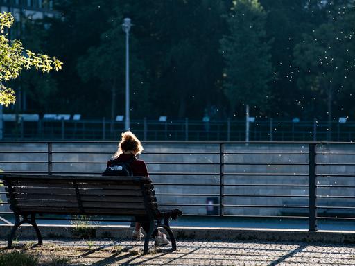 Eine Frau sitzt am Morgen allein auf einer Bank im Berliner Regierungsviertel. Sie trägt einen Rücksack. Vor ihr ist ein Fluß.