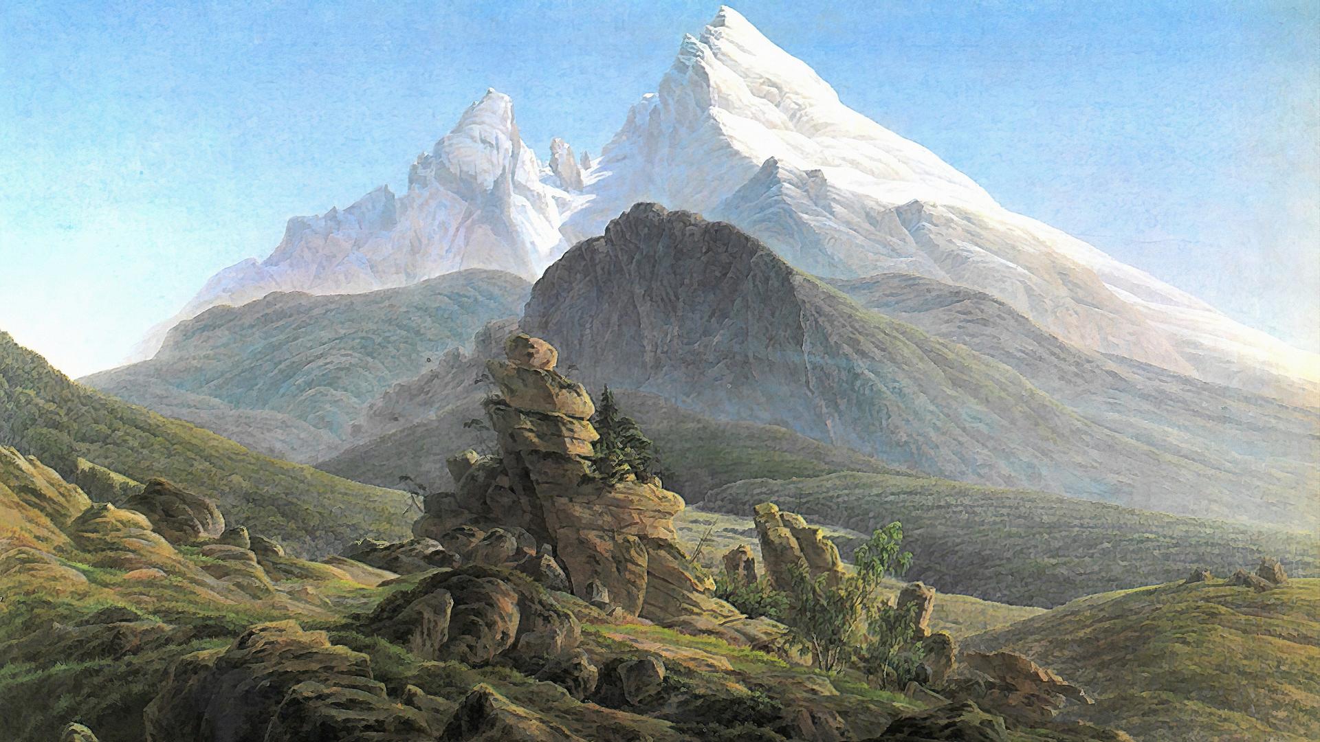 Das Gemälde von Caspar David Friedrich zeigt einen schneebedeckten Berg 