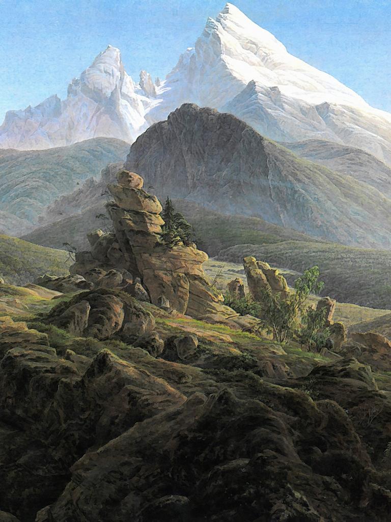 Das Gemälde von Caspar David Friedrich zeigt einen schneebedeckten Berg  Das Gemälde von Caspar David Friedrich zeigt einen schneebedeckten Berg