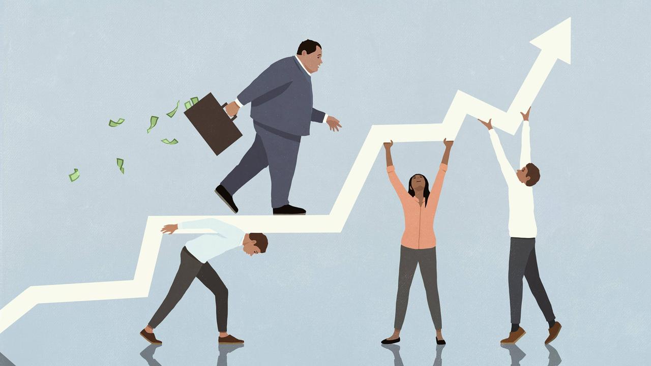 Illustration einer Person, die mit einem Koffer voller Geld auf einem nach oben strebenden Pfeil läuft. Der Pfeil lastet auf den Schultern dreier Personen.