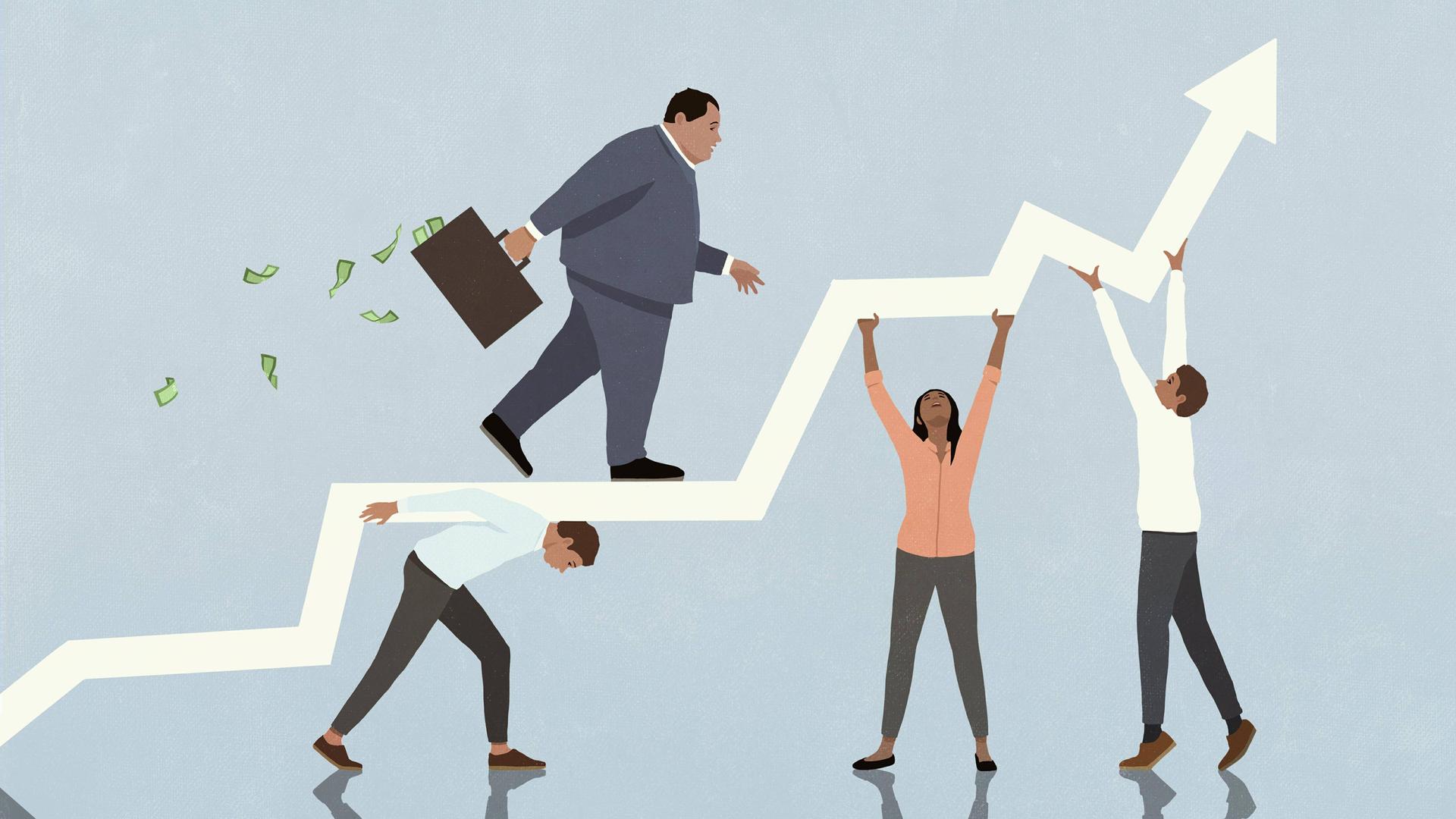 Illustration einer Person, die mit einem Koffer voller Geld auf einem nach oben strebenden Pfeil läuft. Der Pfeil lastet auf den Schultern dreier Personen.