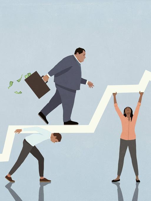 Illustration einer Person, die mit einem Koffer voller Geld auf einem nach oben strebenden Pfeil läuft. Der Pfeil lastet auf den Schultern dreier Personen.