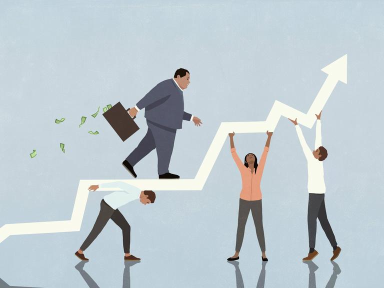 Illustration einer Person, die mit einem Koffer voller Geld auf einem nach oben strebenden Pfeil läuft. Der Pfeil lastet auf den Schultern dreier Personen.