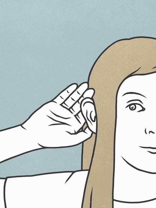 Illustration zeigt eine Frau, die eine Hand an Ihr Ohr hält.