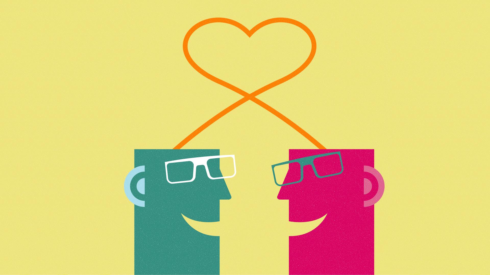 Illustration zweier Gesichter (grün und pink) mit Brille vor gelbem Hintergrund. Aus den Köpfen kommt ein orangefarbener Streifen, der über den Köpfen die Form eines Herzens bildet. Illustration zweier Gesichter (grün und pink) mit Brille vor gelbem Hintergrund. Aus den Köpfen kommt ein orangefarbener Streifen, der über den Köpfen die Form eines Herzens bildet.