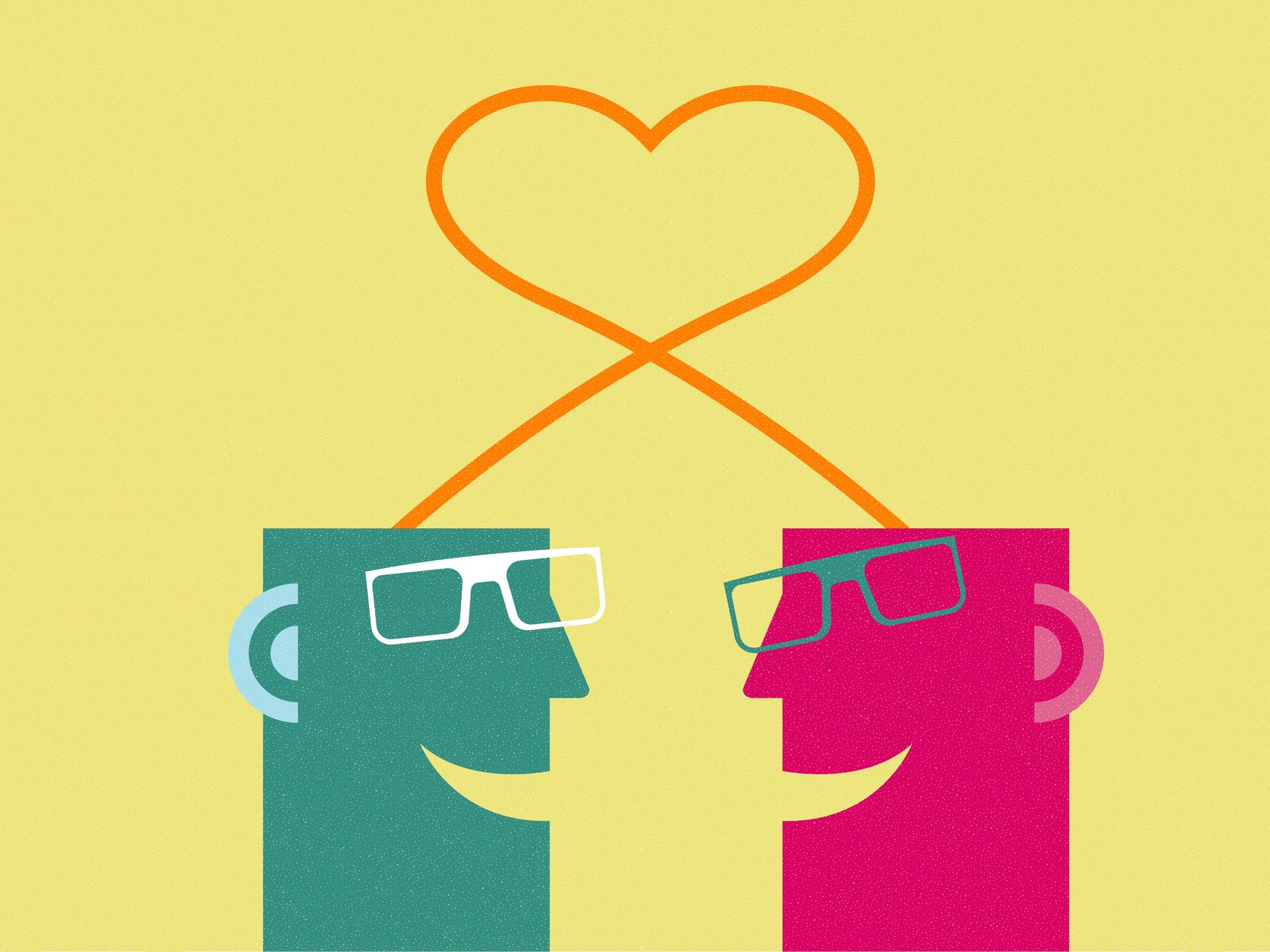 Illustration zweier Gesichter (grün und pink) mit Brille vor gelbem Hintergrund. Aus den Köpfen kommt ein orangefarbener Streifen, der über den Köpfen die Form eines Herzens bildet.
