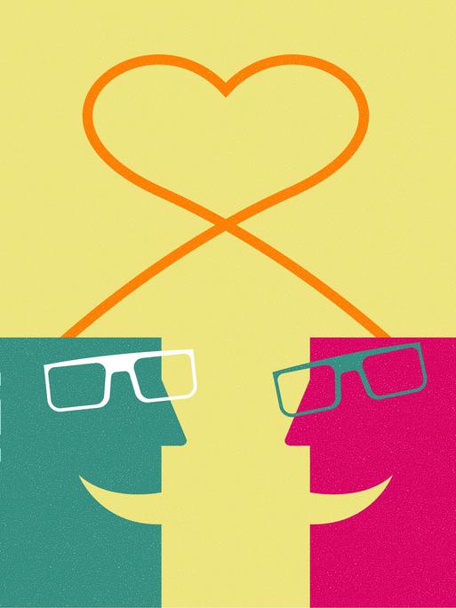 Illustration zweier Gesichter (grün und pink) mit Brille vor gelbem Hintergrund. Aus den Köpfen kommt ein orangefarbener Streifen, der über den Köpfen die Form eines Herzens bildet. Illustration zweier Gesichter (grün und pink) mit Brille vor gelbem Hintergrund. Aus den Köpfen kommt ein orangefarbener Streifen, der über den Köpfen die Form eines Herzens bildet.