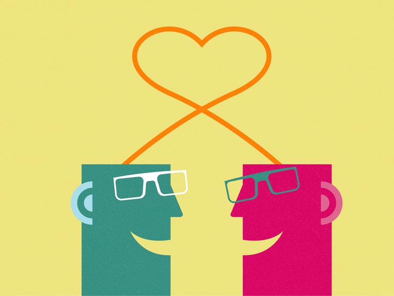 Illustration zweier Gesichter (grün und pink) mit Brille vor gelbem Hintergrund. Aus den Köpfen kommt ein orangefarbener Streifen, der über den Köpfen die Form eines Herzens bildet. Illustration zweier Gesichter (grün und pink) mit Brille vor gelbem Hintergrund. Aus den Köpfen kommt ein orangefarbener Streifen, der über den Köpfen die Form eines Herzens bildet.
