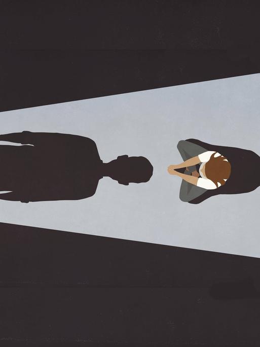 Illustration einer Person die in einem Zimmer sitzt und von einer anderen Person bedroht wird, die nur als bedrolicher Schatten zu sehen ist.