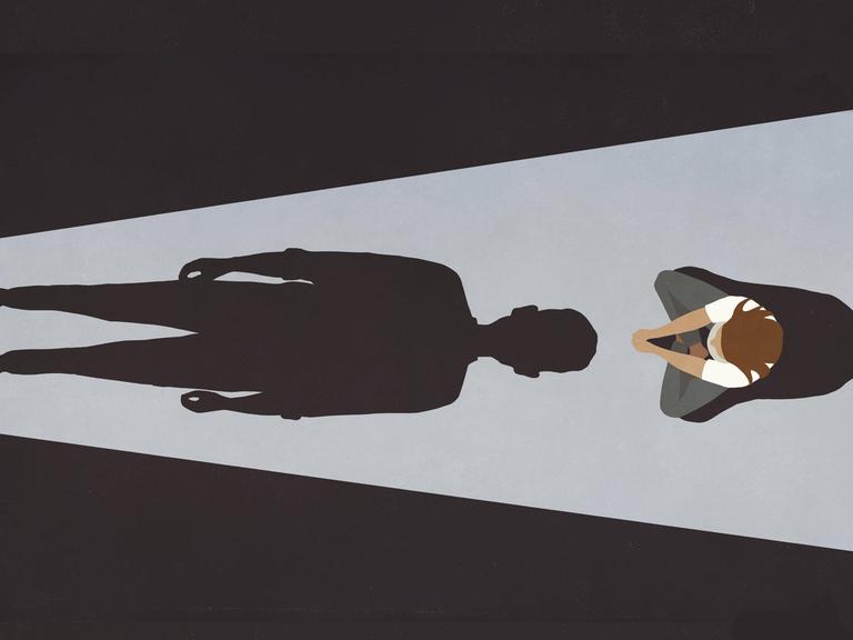 Illustration einer Person die in einem Zimmer sitzt und von einer anderen Person bedroht wird, die nur als bedrolicher Schatten zu sehen ist.