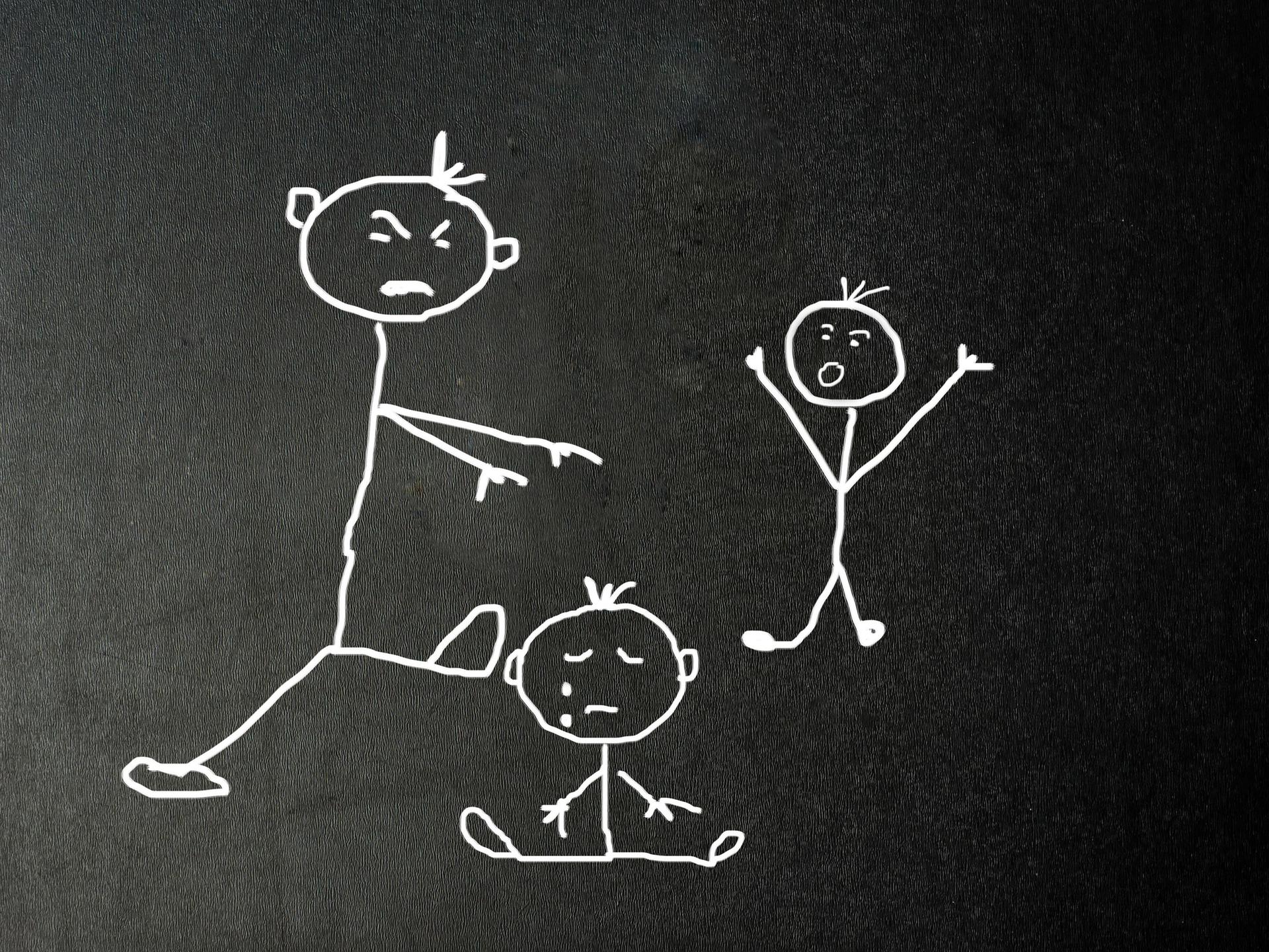 Illustration: Auf einer Tafel sind Strichmännchen zu sehen. Eines ist größer und könnte ein Elternteil sein. Es wirkt wütend. Die anderen könnten Kinder sein, eines weint.