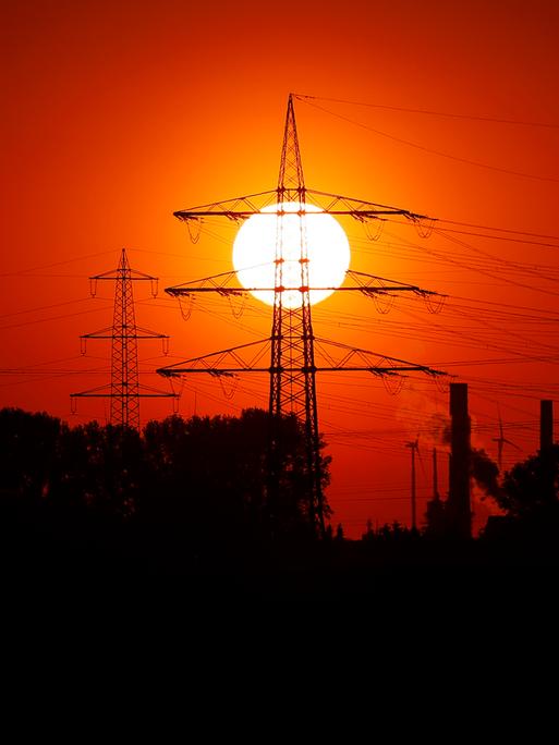 Strommasten in der untergehenden Sonne zu sehen von einem Feld unweit des RWE-Kohlekraftwerk Niederaußem bei Bergheim. 