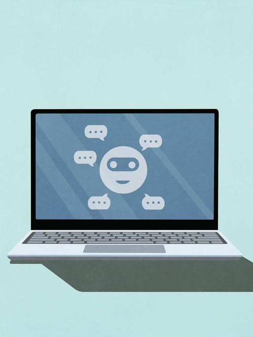 Illustration: Ein Gesicht und Chat-Blasen auf einem Laptop-Bildschirm. 