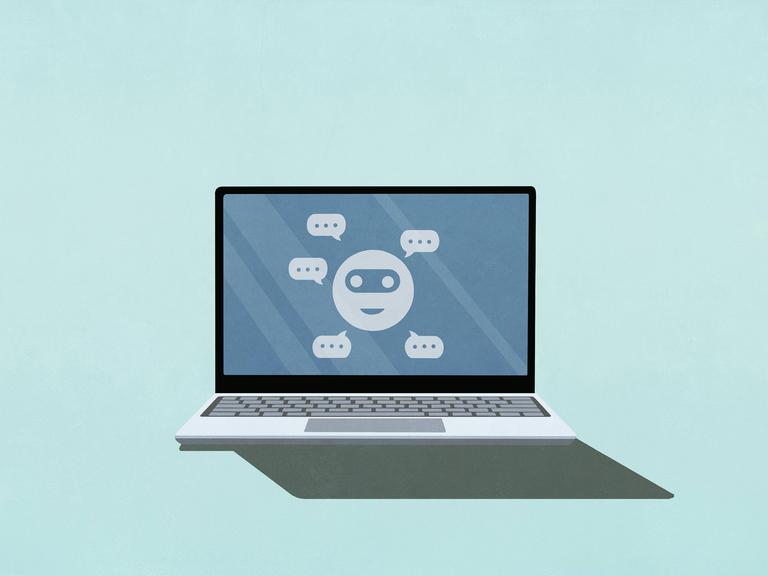 Illustration: Ein Gesicht und Chat-Blasen auf einem Laptop-Bildschirm. 