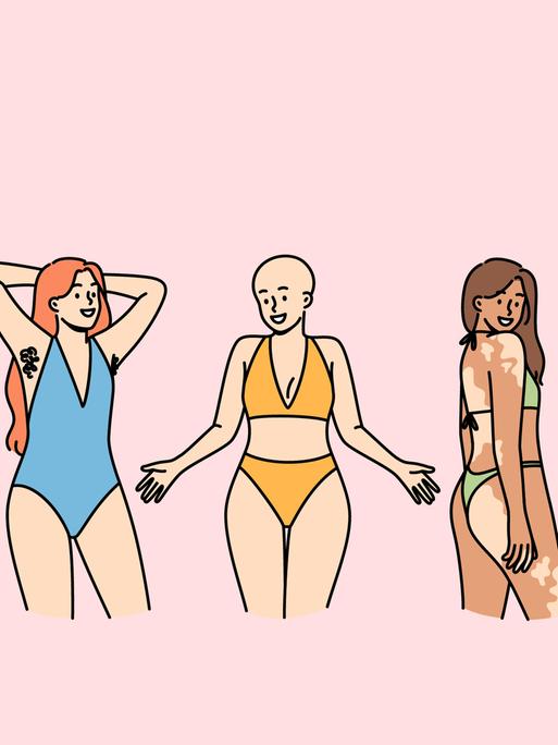Symbolbild: Frauen mit unterschiedlichen Körperformen stehen Modell.