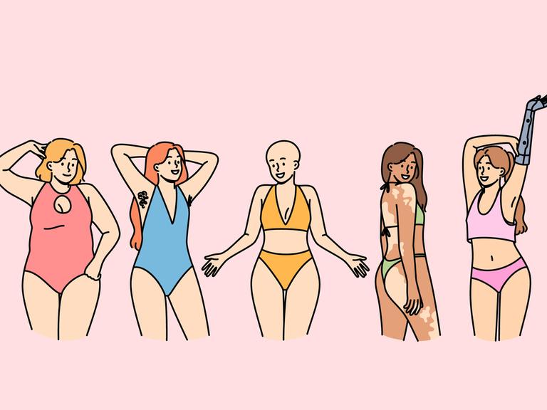 Symbolbild: Frauen mit unterschiedlichen Körperformen stehen Modell.