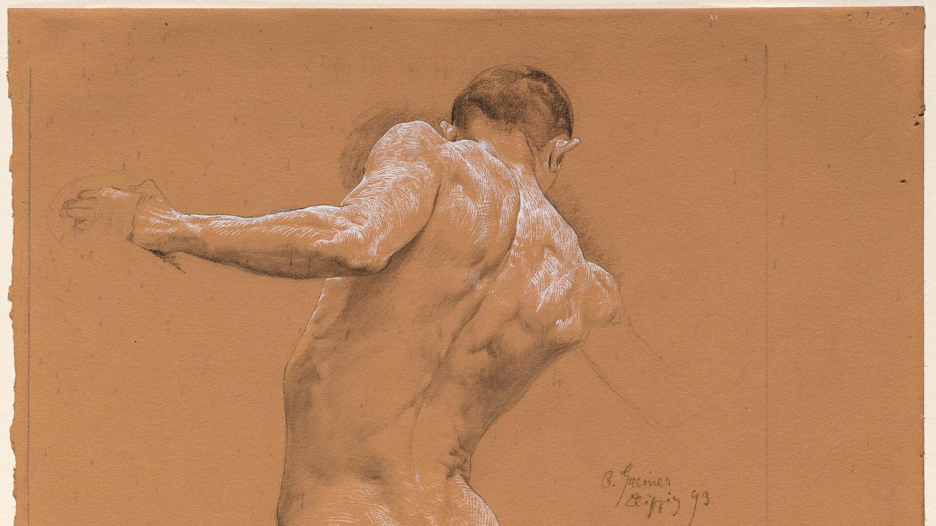 Das Kunstwerk "Stehender männlicher Rückenakt" von 1893 von Otto Greiner Das Kunstwerk "Stehender männlicher Rückenakt" von 1893 von Otto Greiner