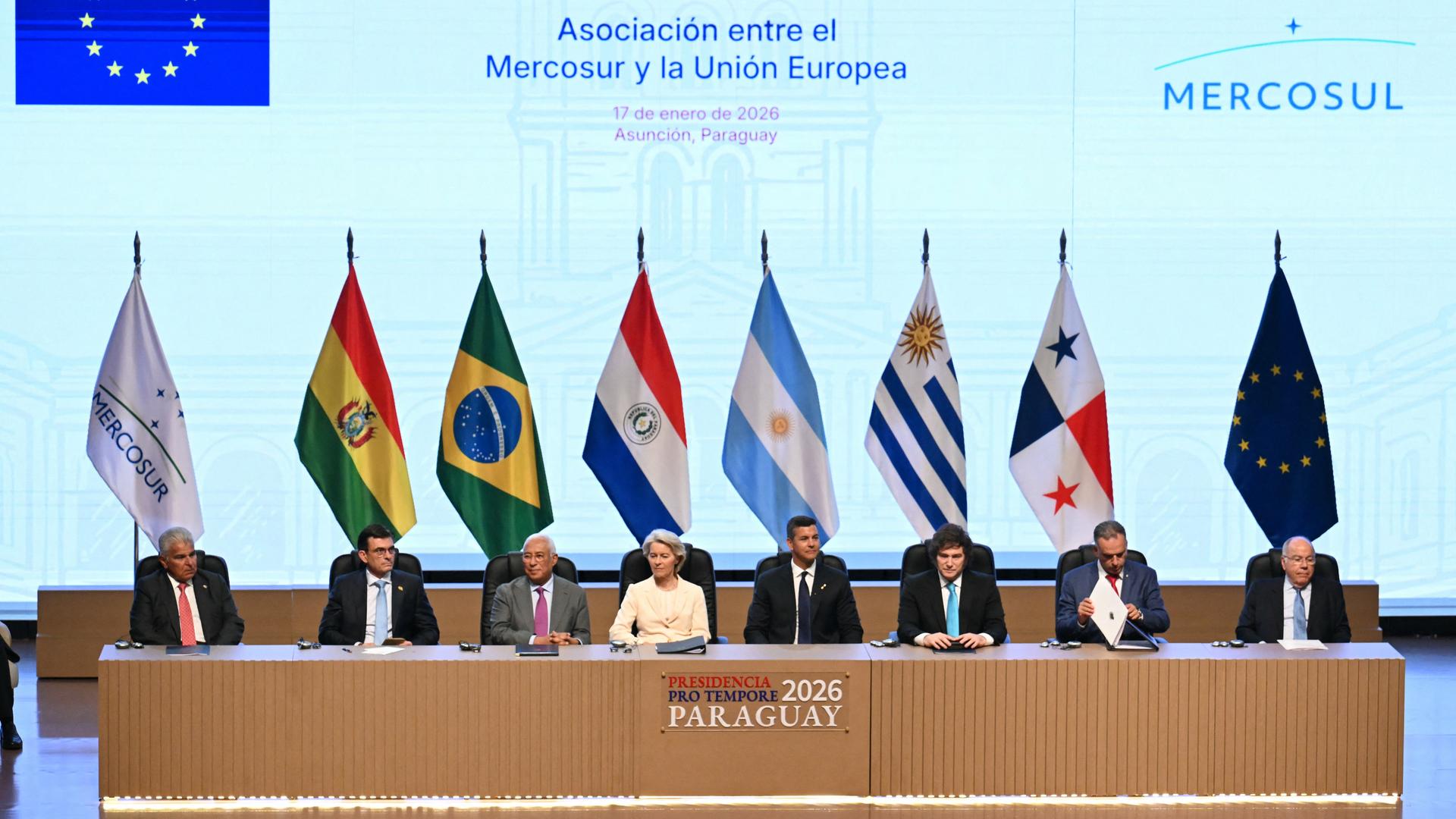 EU-Kommissionspräsidentin von der Leyen sitzt neben den Präsidenten aus Bolivien, Panama, Uruguay, Paraguay und Argentinien und mit dem brasilianischen Außenminister an einem Konferenztisch. Im Hintergrund die Flaggen der verschiedenen Länder und der EU.