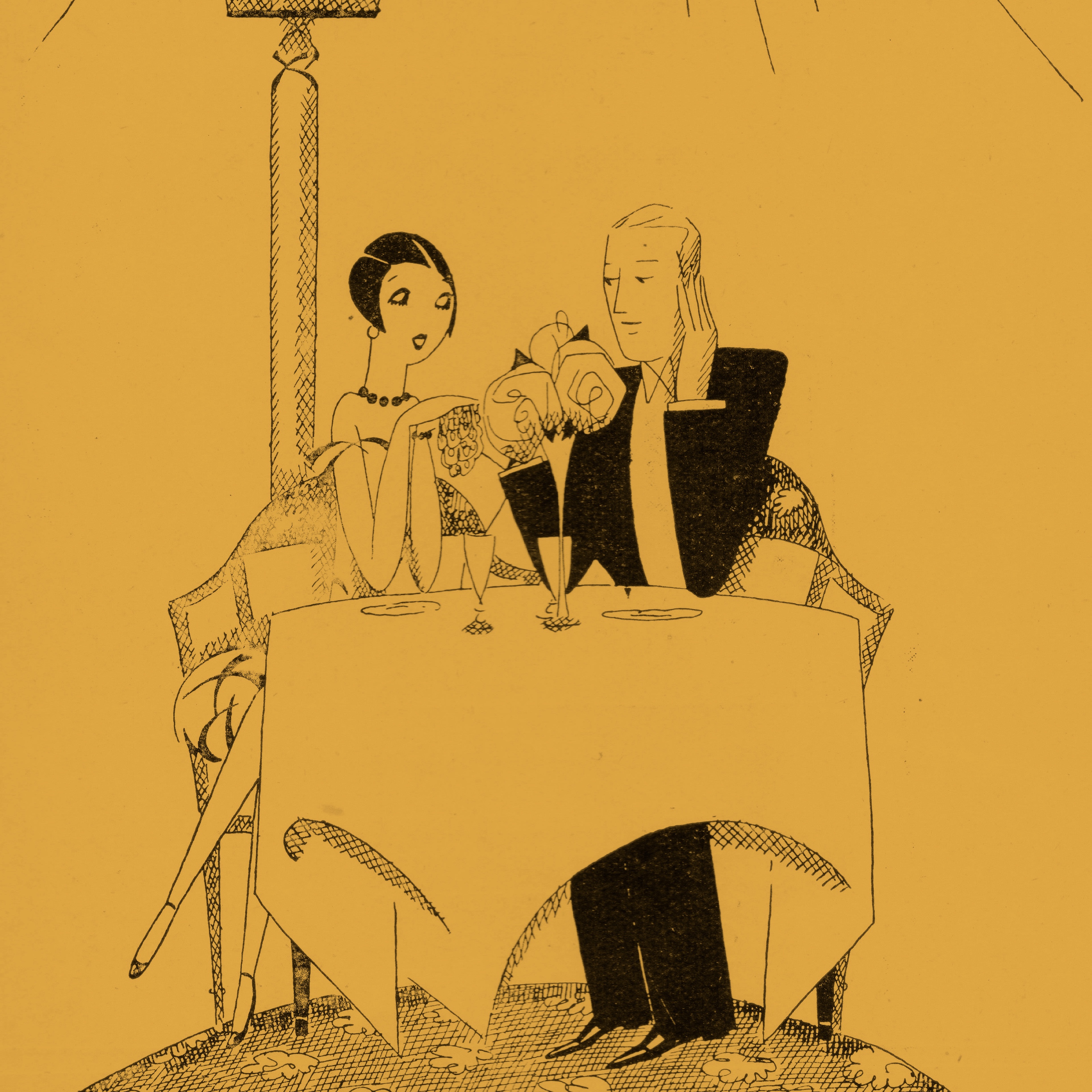 Illustration einer Hotelsituation in schwarz auf gelbem Hintergrund.