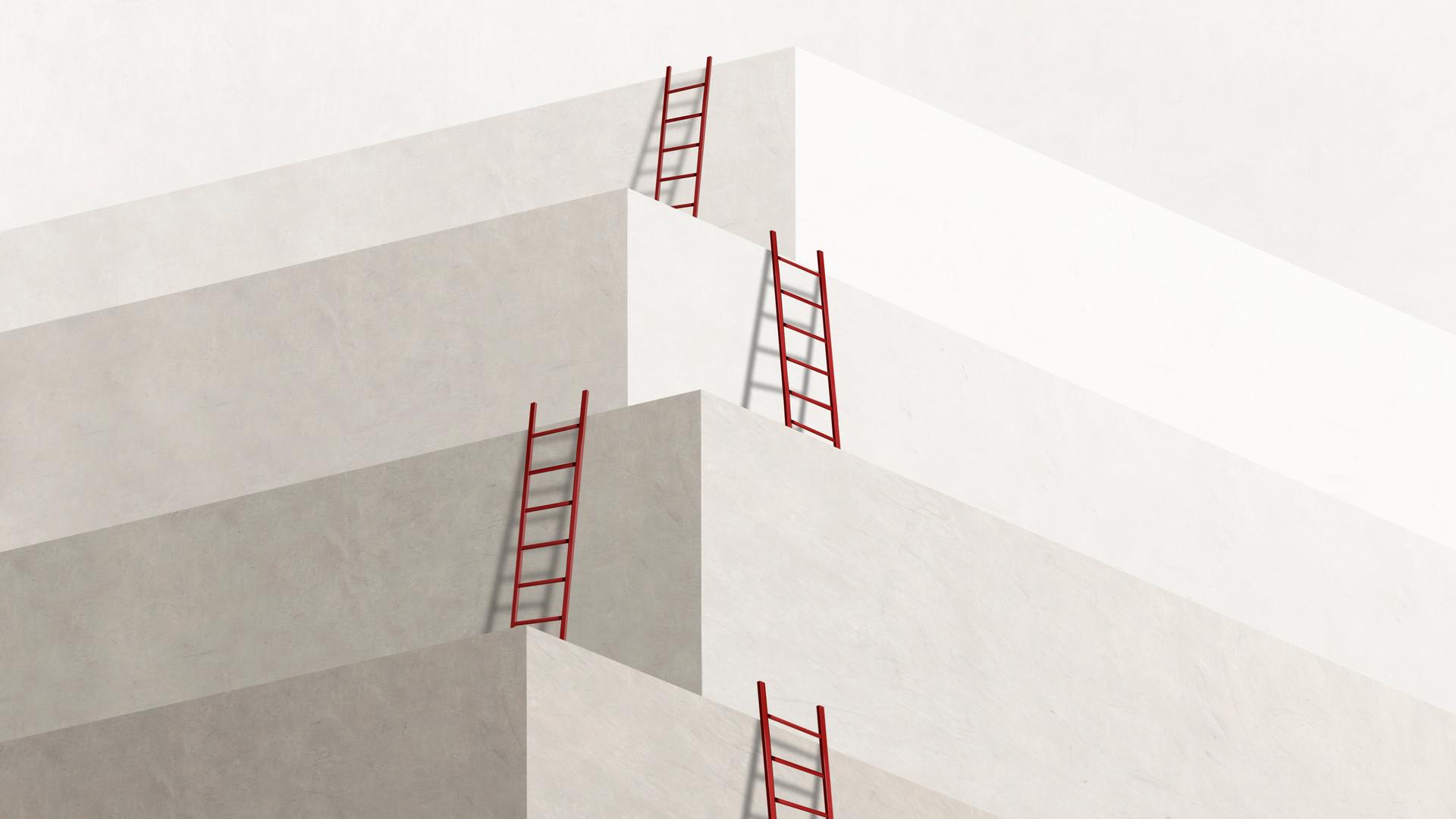 Eine Reihe roter Leitern führen sukzessive zu höheren Ebenen.
