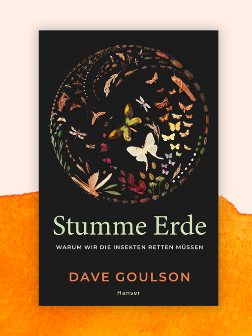 Das Cover zeigt verschiedene Insektenarten zu einem Kreis angeordnet auf schwarzem Hintergrund. Darunter Buchtitel und Autorenname. Hinter dem Buch sind orangene Farbverläufe.