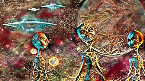 Surreales Gemälde mit drei Aliens und Ufos im Hintergrund.