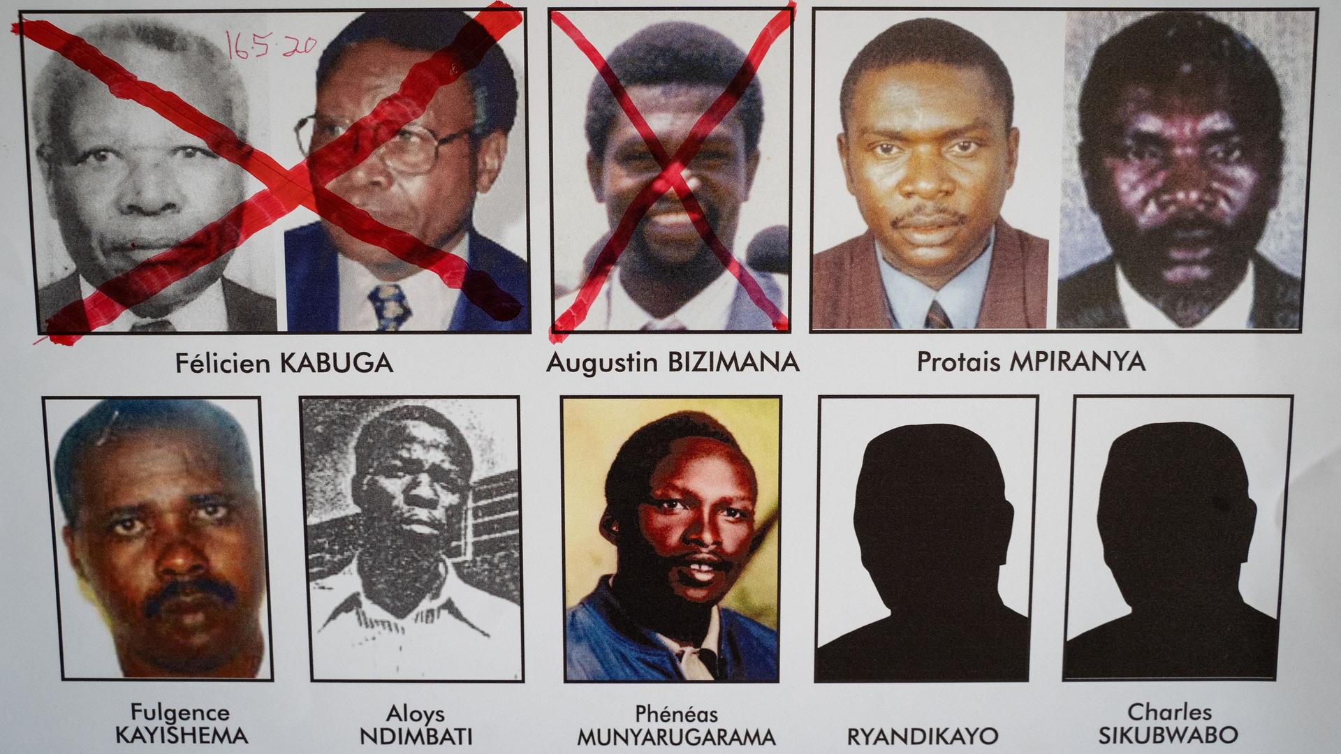 Ein Fahndungsfoto zeigt zehn Tatverdächtige von Ruanda. Die drei ersten sind ausgestrichen.