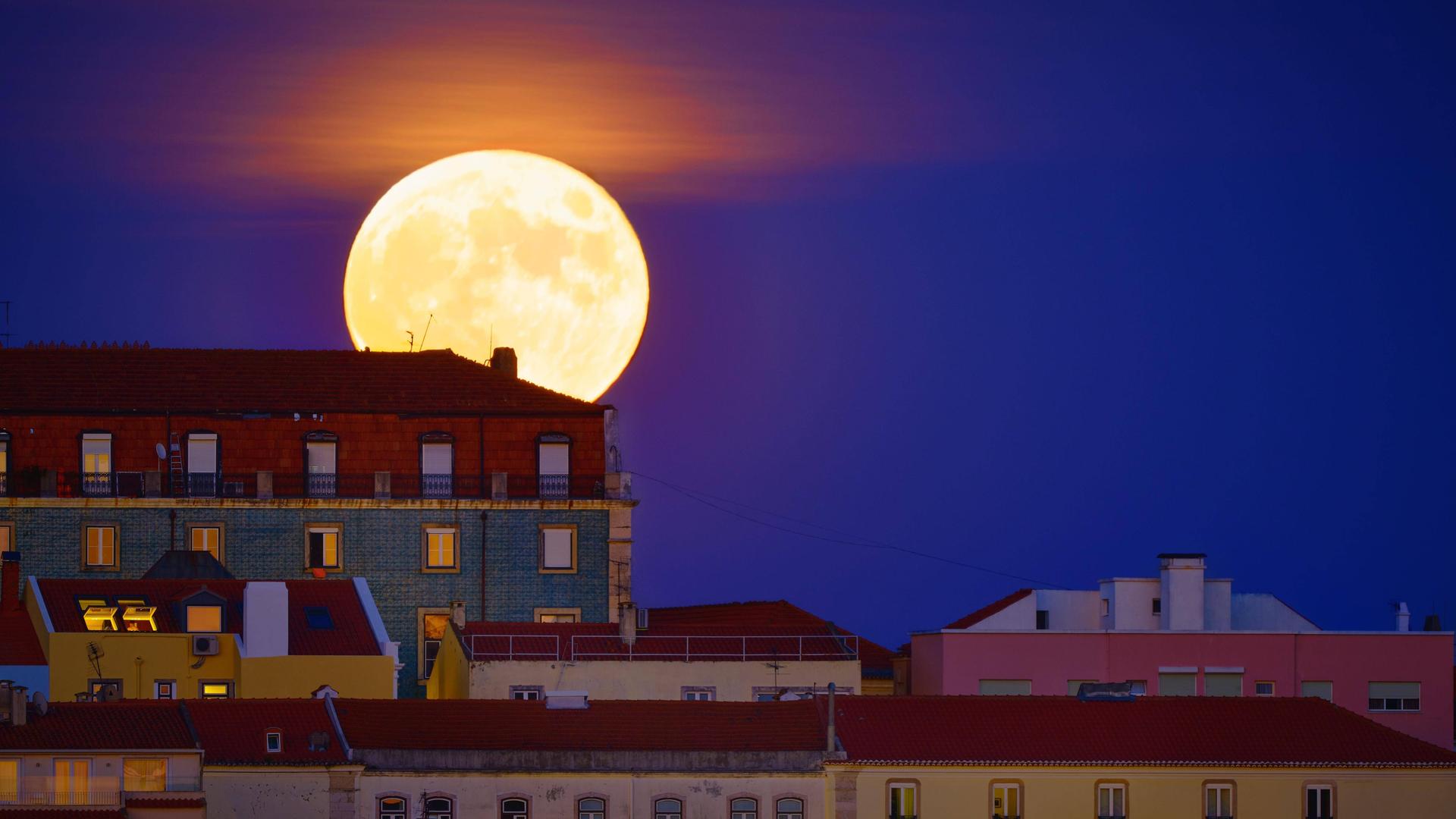 Der Voll-Mond steigt hinter einer Reihe von alten Häusern in der Stadt Lissabon in dem Land Portugal auf.