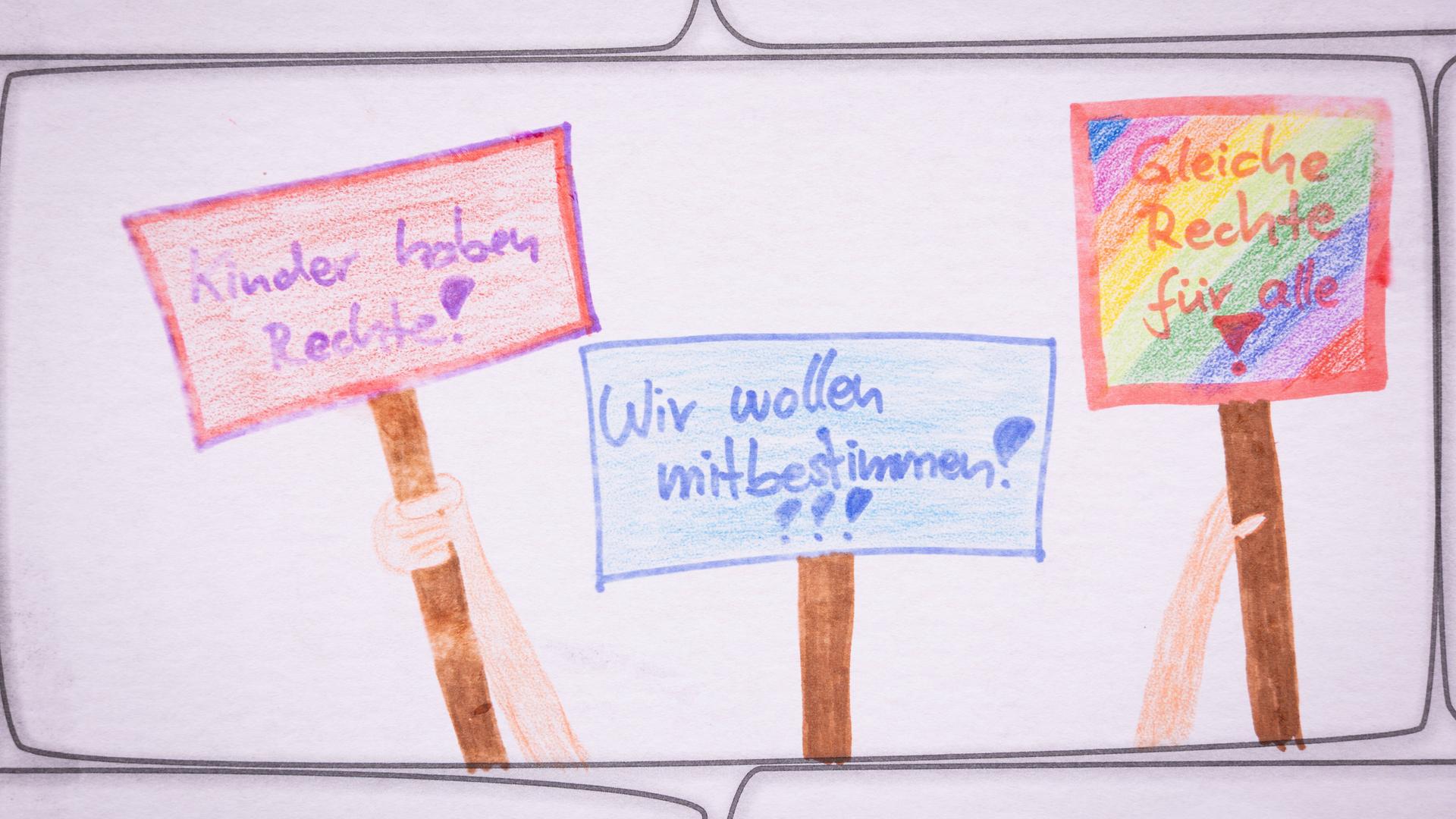 Auf einem selbstgemalten Bild stehen Botschaften wie "Kinder haben Rechte" oder "Wir wollen mitbestimmen". Auf einem selbstgemalten Bild stehen Botschaften wie "Kinder haben Rechte" oder "Wir wollen mitbestimmen".