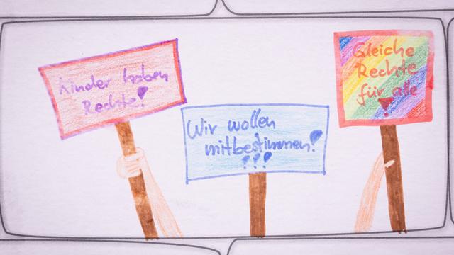 Auf einem selbstgemalten Bild stehen Botschaften wie "Kinder haben Rechte" oder "Wir wollen mitbestimmen".