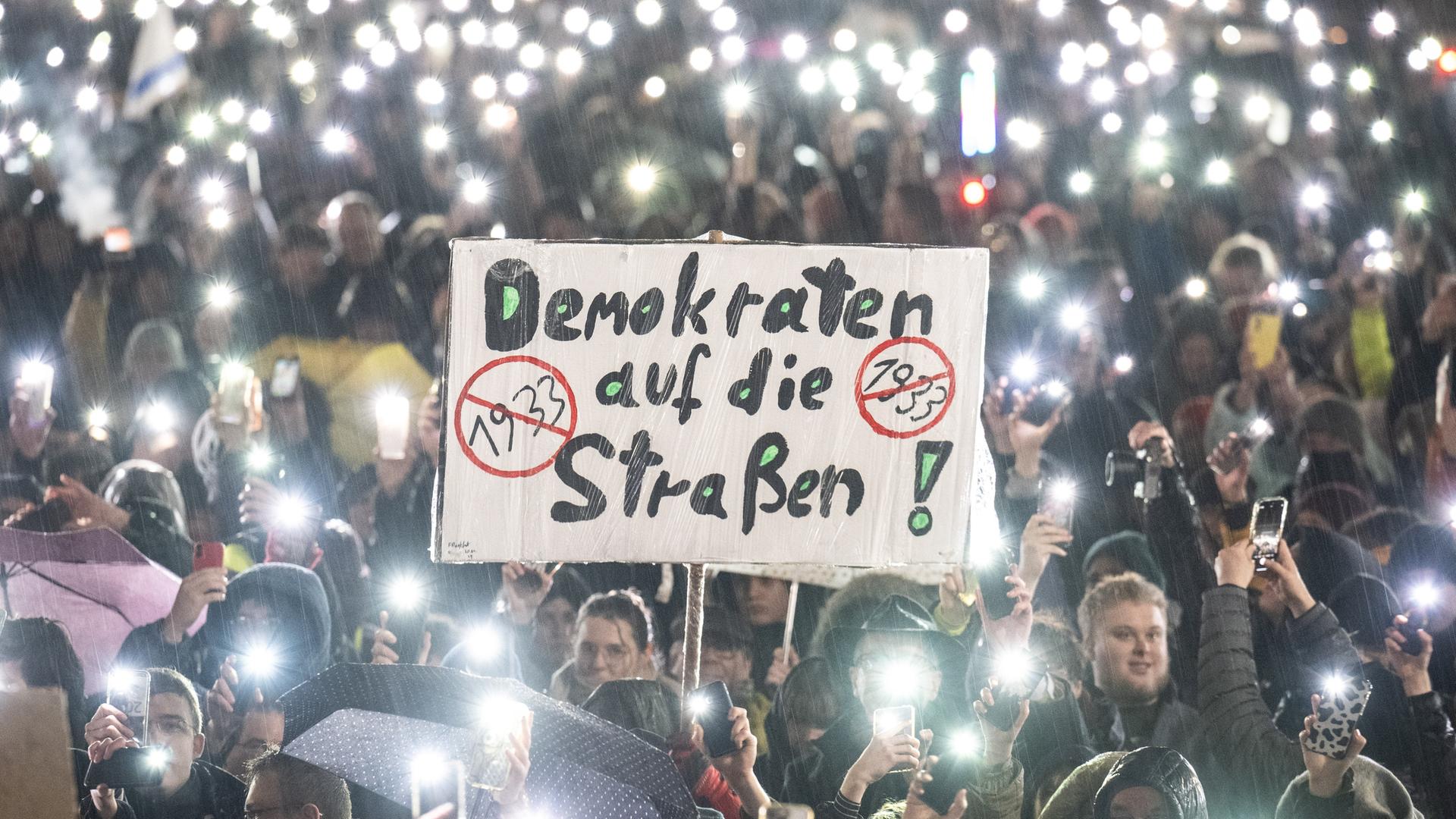 Mehrere Menschen nehmen an einer Demonstration gegen Rechtsextremismus und die AfD teil. Dabei steht auf einem Plakat "Demokraten auf die Straßen".  