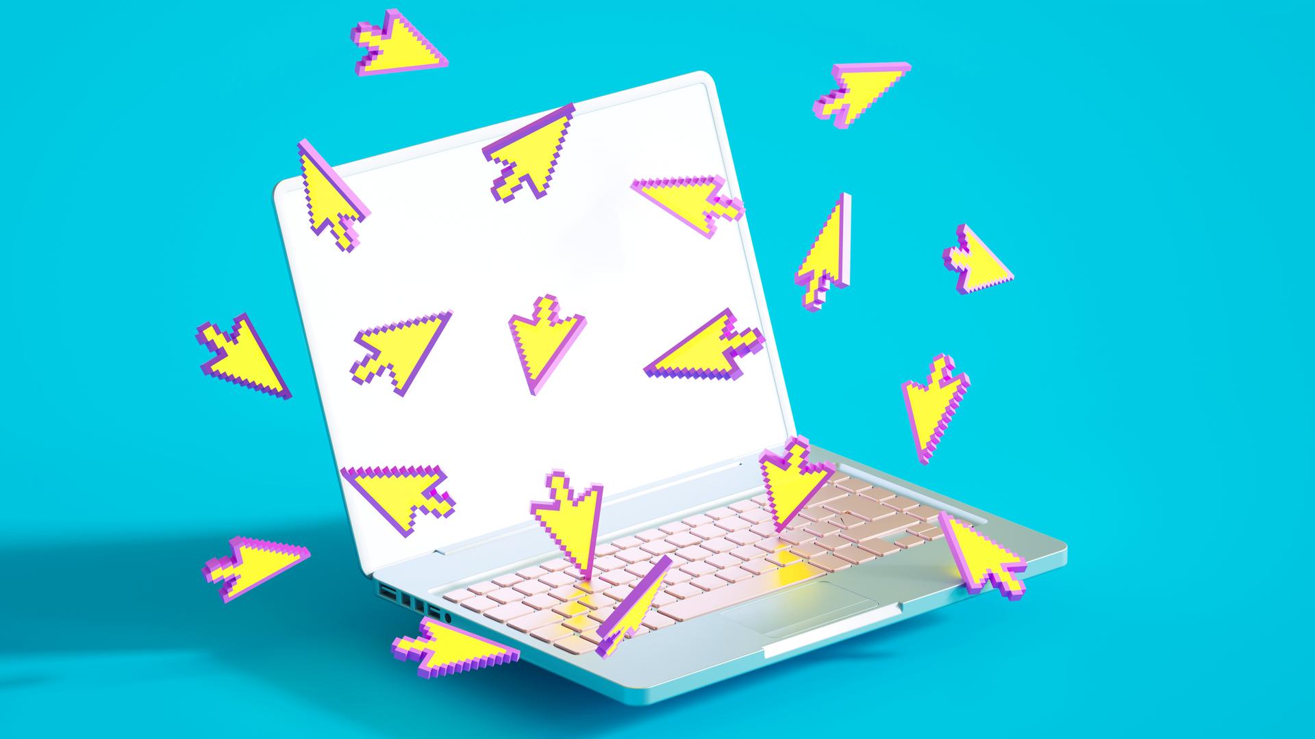 Viele digitale Curser Zeichen fliegen in unterschiedlichen Richtungen um einen aufgeklappten Laptop.