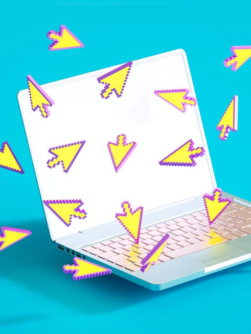 Viele digitale Curser Zeichen fliegen in unterschiedlichen Richtungen um einen aufgeklappten Laptop.