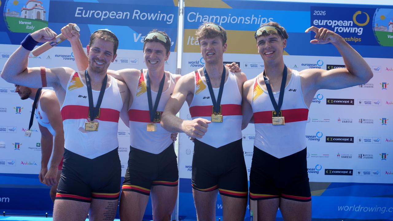 Die Sieger im Doppelvierer in Varese: Marc Weber, Felix Heinrich, Jonas Gelsen, Ole Hohensee