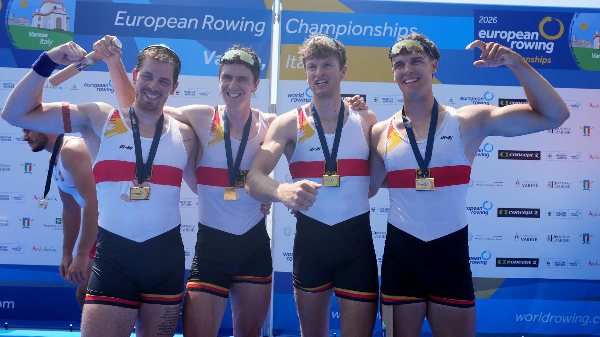 Die Sieger im Doppelvierer in Varese: Marc Weber, Felix Heinrich, Jonas Gelsen, Ole Hohensee