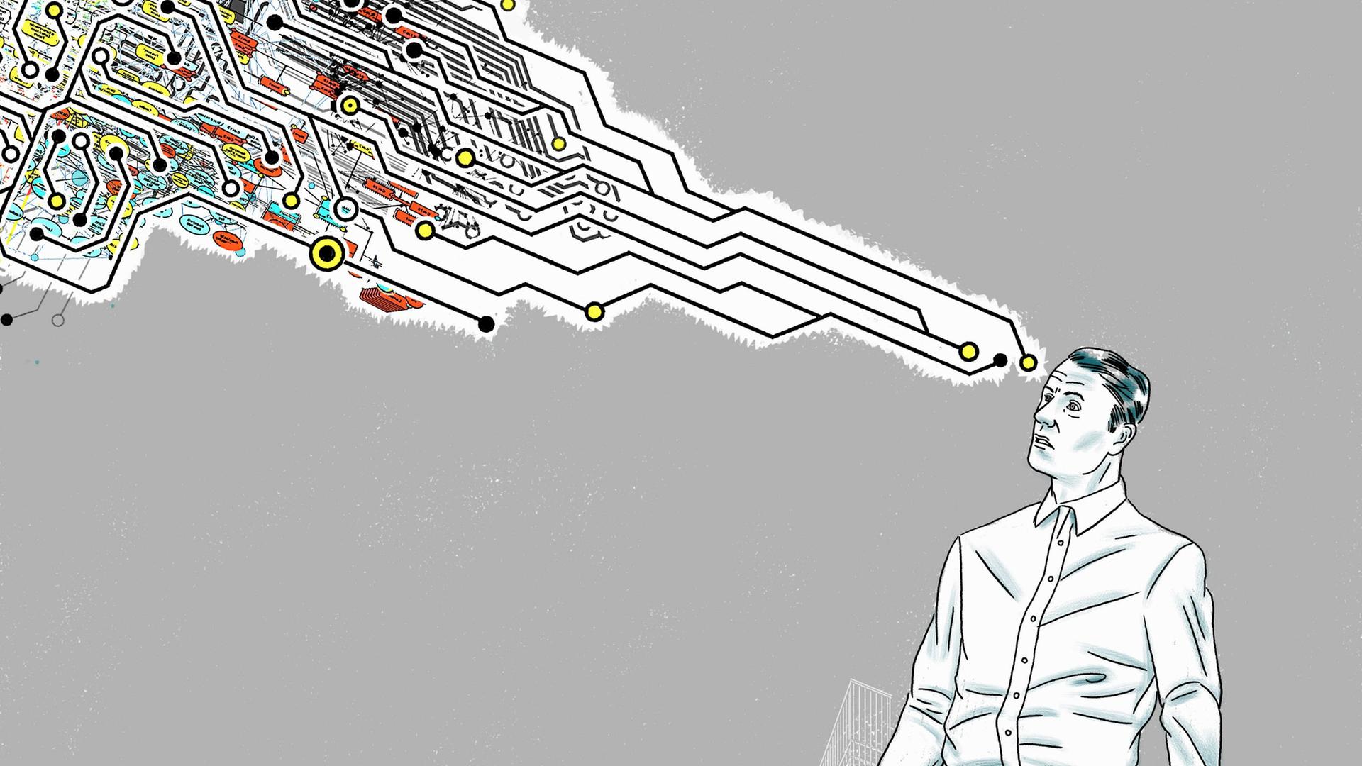 Eine Person sieht aus ihrem Kopf kommend eine Wolke von elektronischen Leiterbahnen.