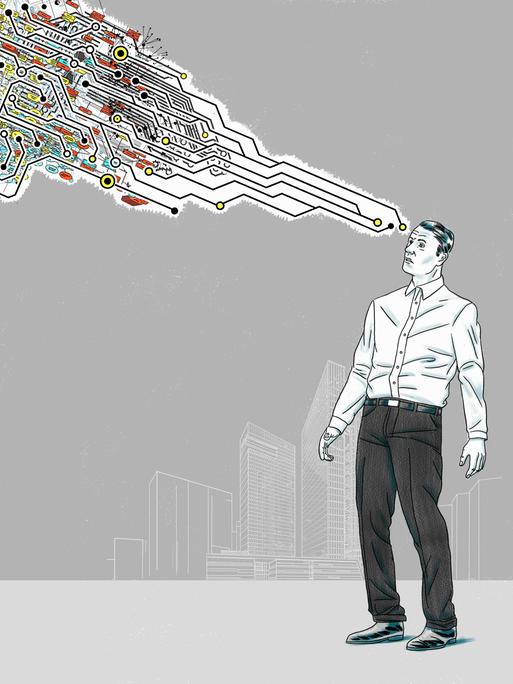 Eine Person sieht aus ihrem Kopf kommend eine Wolke von elektronischen Leiterbahnen.