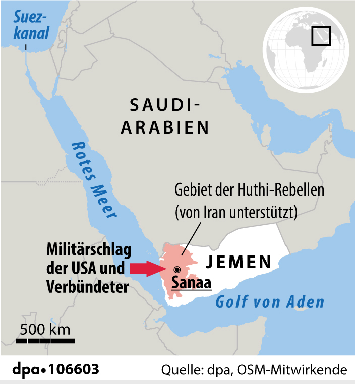 Die Grafik zeigt die Region des Militärschlags der USA gegen Huthi im Jemen
