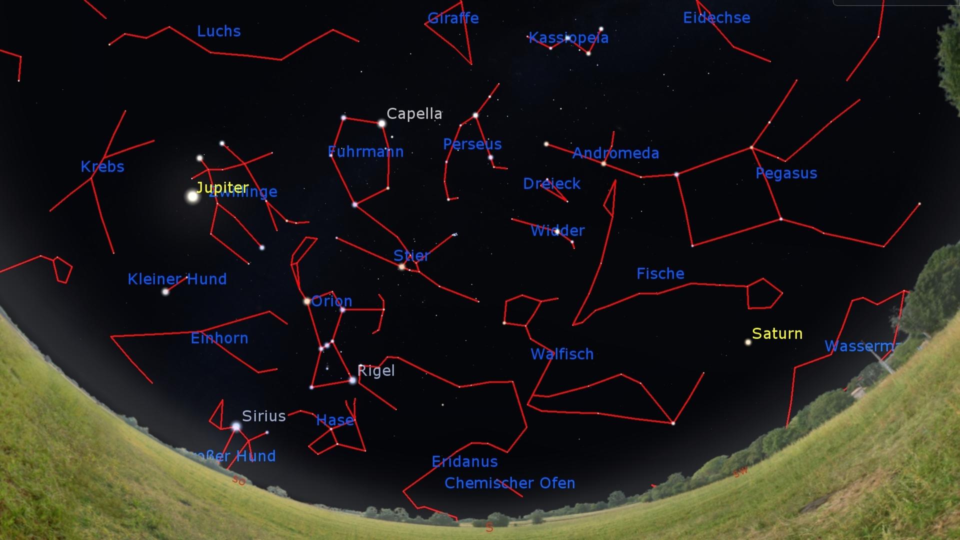 In einer Illustration des Südhimmels bei Nacht sind die Sternenbilder mit roten Linien nachgezeichnet und Sterne benannt In einer Illustration des Südhimmels bei Nacht sind die Sternenbilder mit roten Linien nachgezeichnet und Sterne benannt