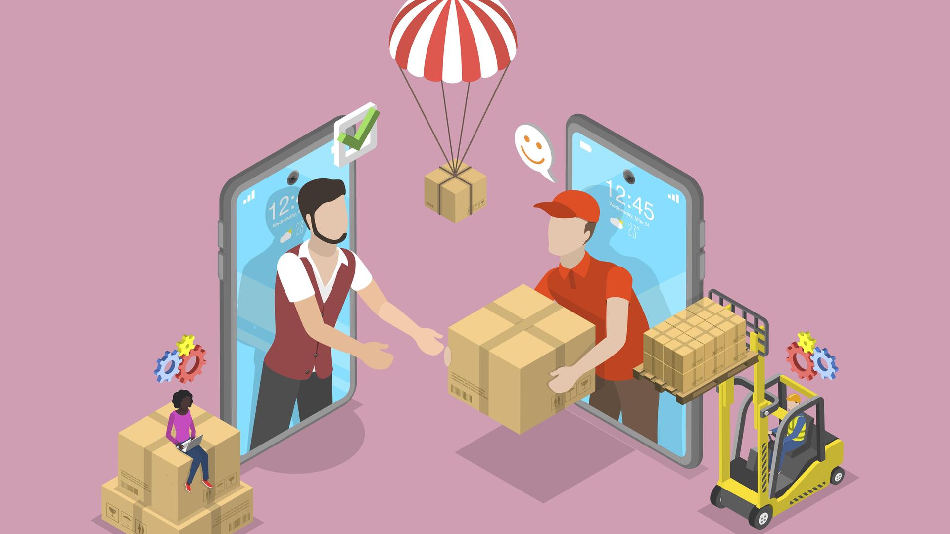 Zu sehen ist eine Illustration mit zwei aufgestellten Smartphones: Aus dem rechten Smartphone ragt ein Paketbote hinaus. Er übergibt einem Mann ein Paket, welcher aus dem linken Smartphone die Hände raustreckt. 