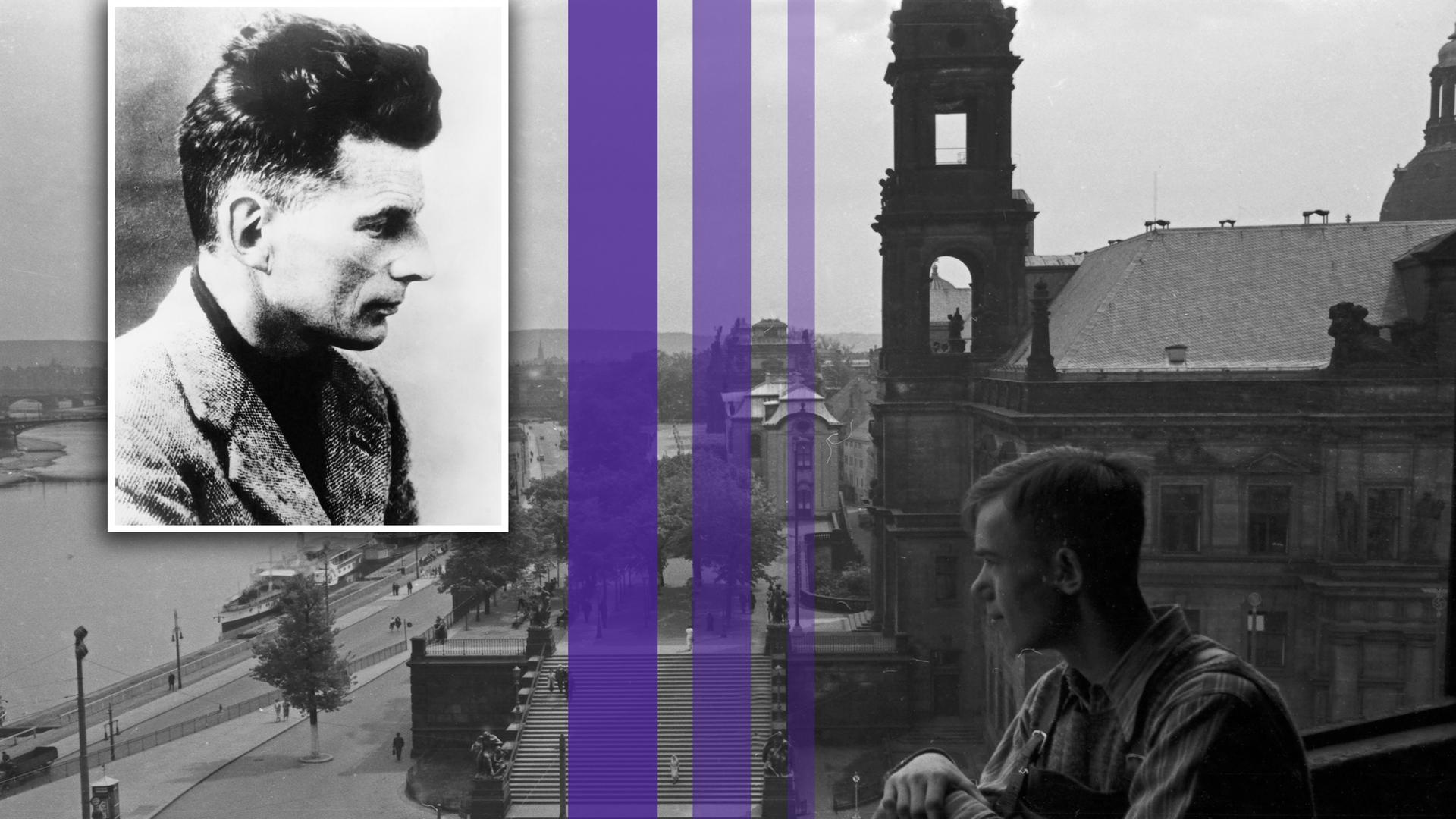 Montage eines Fotos von Samuel Beckett und drei farbiger Streifen über einem Bild einer Person die über die Elbe in Dresden schaut und auf die Brücken der Stadt blickt. Montage eines Fotos von Samuel Beckett und drei farbiger Streifen über einem Bild einer Person die über die Elbe in Dresden schaut und auf die Brücken der Stadt blickt.